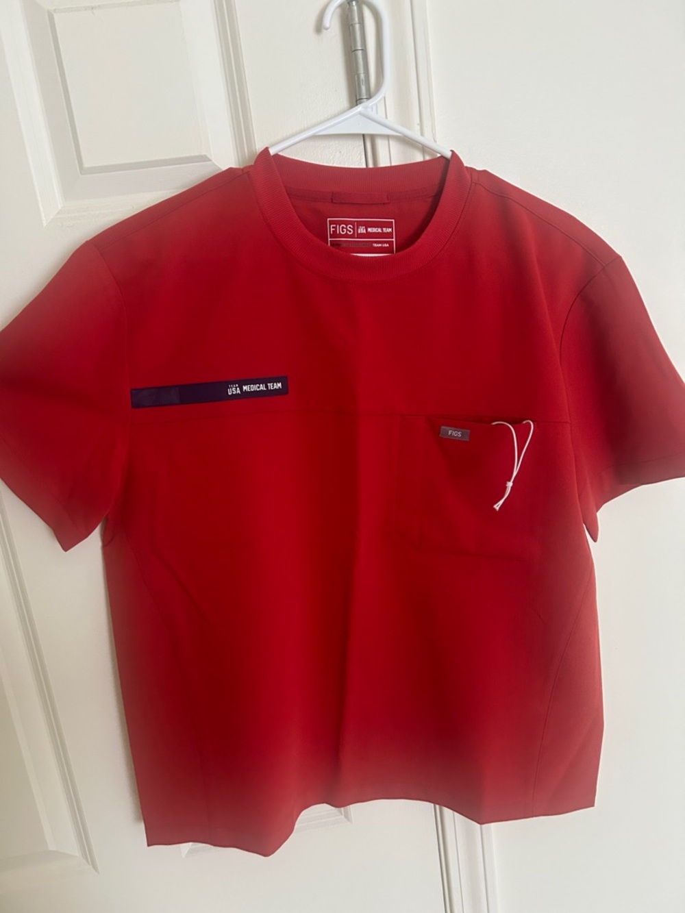 Figs Red Crew Neck Scrub Top and Relaxed Fit Bottoms with USA Olympic Emblem